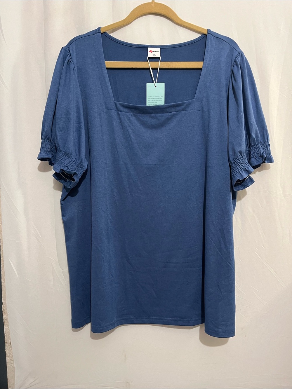 Square-Neck Puff Sleeve Women's Top in Denim Blue